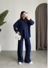 Keten Oversize Lacivert Gömlek Takım