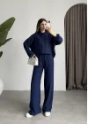 Keten Oversize Lacivert Gömlek Takım