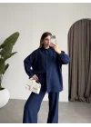 Keten Oversize Lacivert Gömlek Takım