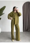Keten Oversize Yağ Yeşili Gömlek Takım