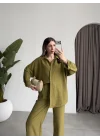 Keten Oversize Yağ Yeşili Gömlek Takım