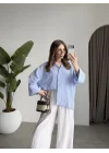 Mavi Pamuklu Oversize Kareli Gömlek