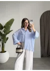 Mavi Pamuklu Oversize Kareli Gömlek