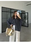 Oversize Tensel Vintage Lacivert Gömlek