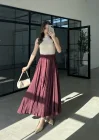 Beli Lastikli Bordo Tensel Kırışık Etek
