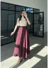 Beli Lastikli Bordo Tensel Kırışık Etek