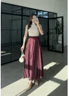 Beli Lastikli Bordo Tensel Kırışık Etek