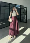 Beli Lastikli Bordo Tensel Kırışık Etek