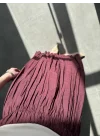 Beli Lastikli Bordo Tensel Kırışık Etek