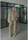 Yarasa Kol Oversize Çizgili Haki Takım