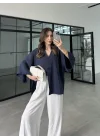 Sofi Tek Düğme Oversize Tensel Lacivert Gömlek