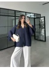 Sofi Tek Düğme Oversize Tensel Lacivert Gömlek