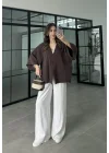 Sofi Tek Düğme Oversize Tensel Kahve Gömlek