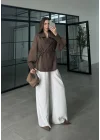 Kuşaklı Balonkol Kahve Tül Bluz