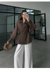 Kuşaklı Balonkol Kahve Tül Bluz
