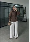 Kuşaklı Balonkol Kahve Tül Bluz