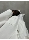 V Yaka Tek Düğme Keten Ekru Kimono Ceket