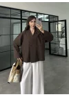 V Yaka Tek Düğme Keten Kahve Kimono Ceket