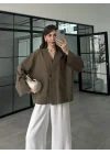 V Yaka Tek Düğme Keten Haki Kimono Ceket