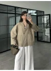 V Yaka Tek Düğme Keten Vizon Kimono Ceket
