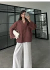 V Yaka Tek Düğme Keten Kiremit Kimono Ceket