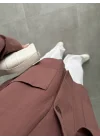 V Yaka Tek Düğme Keten Kiremit Kimono Ceket