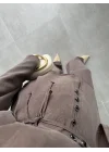 İthal Kumaş Düğme Detaylı Kahve Kuşaklı Takım