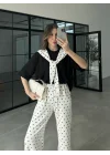 Ekru Puantiye Fular Detaylı Takım