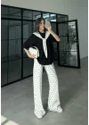 Ekru Puantiye Fular Detaylı Takım