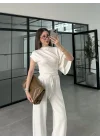 Zr Model Modal Kumaş Tek Kol Yarasa Beyaz Büzgülü Takım