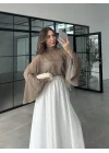 Puantiyeli Şifon Olive Panço Bluz