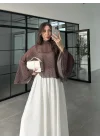 Puantiyeli Şifon Kahve Panço Bluz