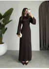 Arkadan Bağlamalı Kahve Saten Elbise