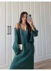 Askılı Zümrüt Yeşili İkili Gömlek Elbise