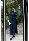 Ayla Büzgü Yaka Tasarım Lacivert Elbise