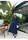 Ayla Büzgü Yaka Tasarım Lacivert Elbise