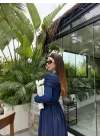 Ayla Büzgü Yaka Tasarım Lacivert Elbise