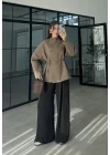 Bağcıklı Dik Yaka Haki Ceket