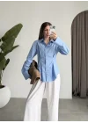 Belden Oturtmalı Pilili Mavi Poplin Gömlek