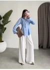 Belden Oturtmalı Pilili Mavi Poplin Gömlek