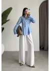 Belden Oturtmalı Pilili Mavi Poplin Gömlek