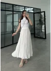 Beli Lastikli Beyaz Tensel Kırışık Etek