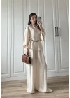 Bohem Kemerli Krinkıl Krem Oversize Takım