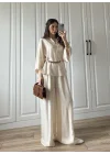 Bohem Kemerli Krinkıl Krem Oversize Takım