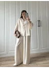 Bohem Kemerli Krinkıl Krem Oversize Takım