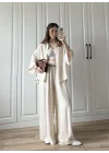 Bohem Kemerli Krinkıl Krem Oversize Takım