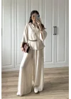 Bohem Kemerli Krinkıl Krem Oversize Takım