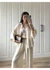 Bohem Kemerli Krinkıl Krem Oversize Takım