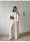 Bohem Kemerli Krinkıl Krem Oversize Takım