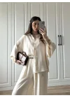 Bohem Kemerli Krinkıl Krem Oversize Takım